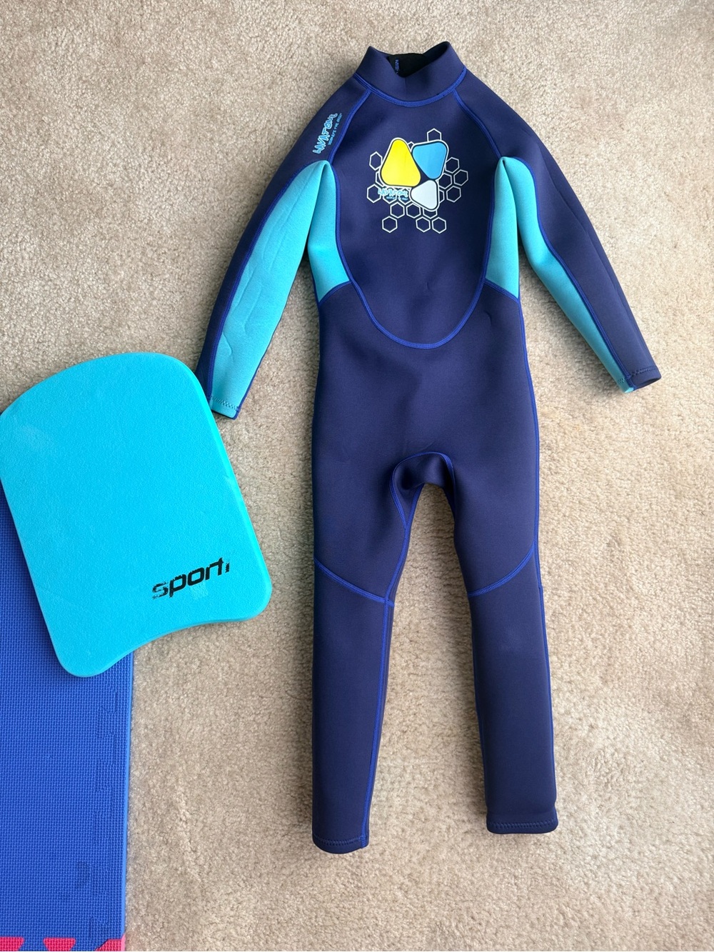 Children's Navy and Aqua Full-Body Swim Rashguard Wetsuit and Swim Board